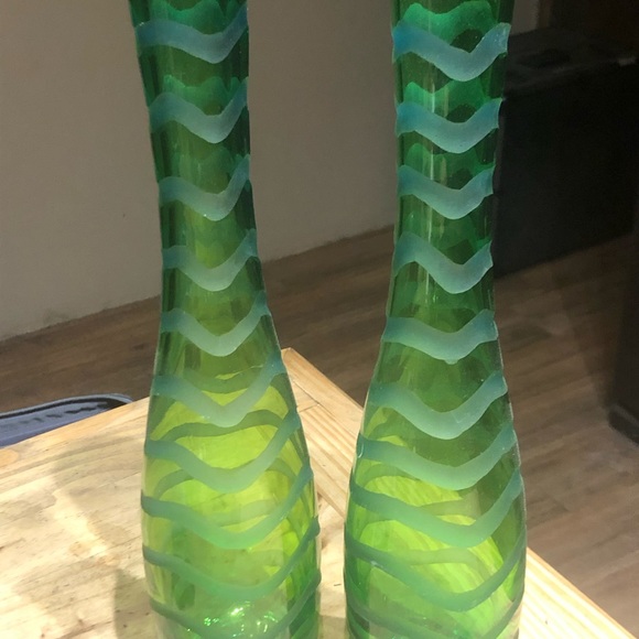 Green glass tall etched vases 16” - Picture 3 of 3